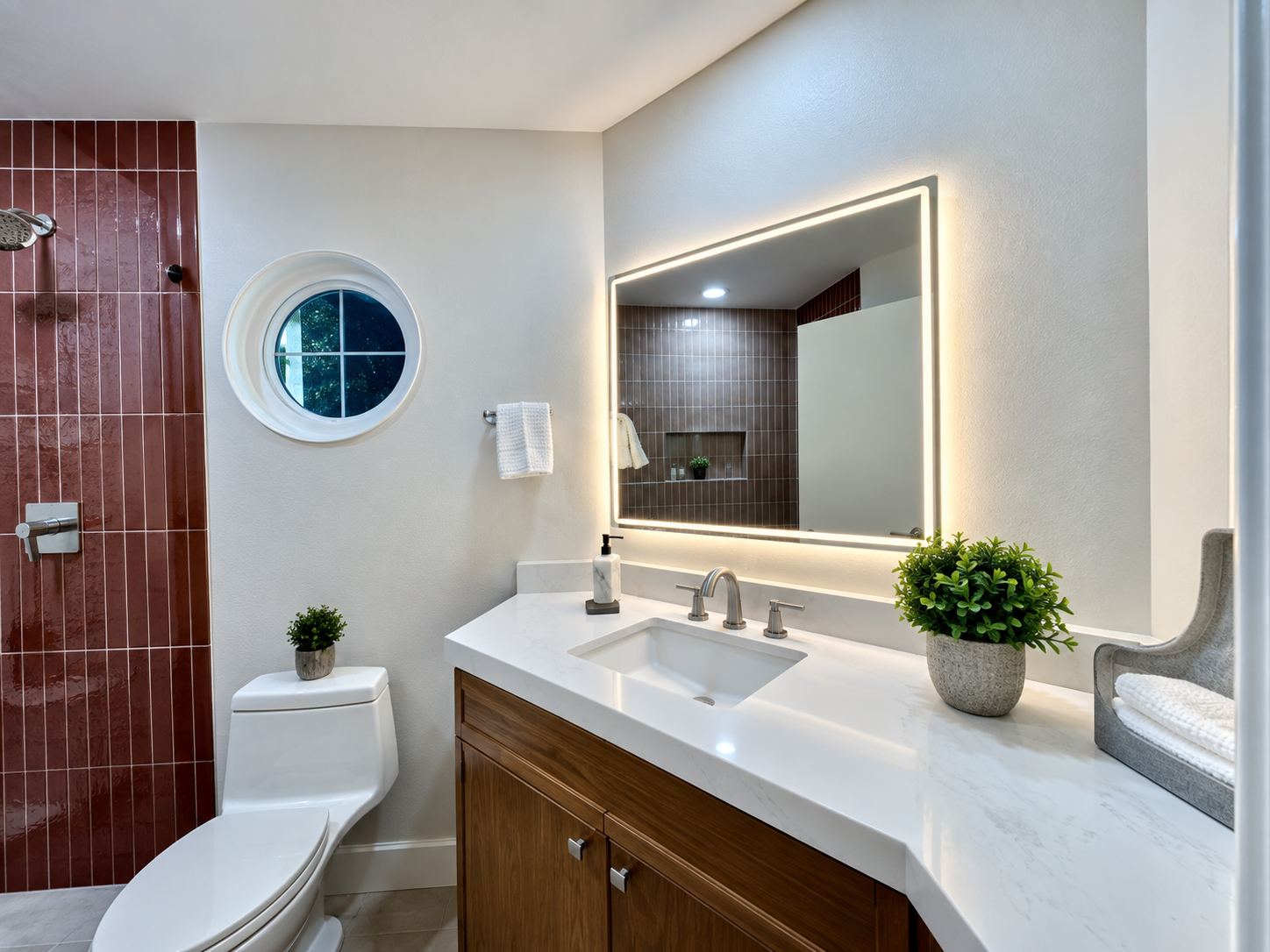 Updated bathroom with tiled shower, vanity, and modern finishes